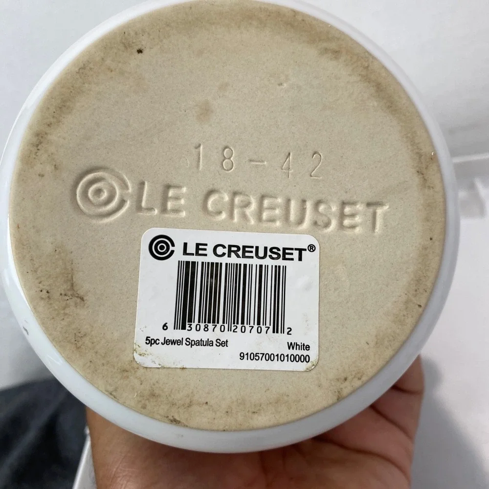Le Creuset White Stoneware Canister Clear Glass Lid Tool Crock 7in